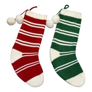 Wondershop Knit Christmas Stockings Set of 2 – Red & Green Striped with Pom Poms